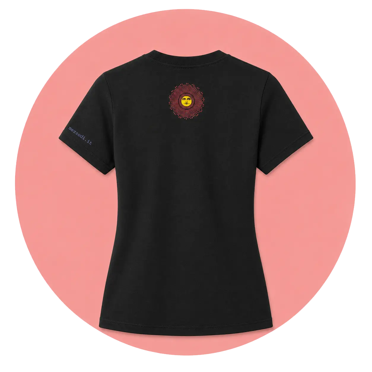 Maglietta MEZZODì nera, donna, sole rosso, stampa retro