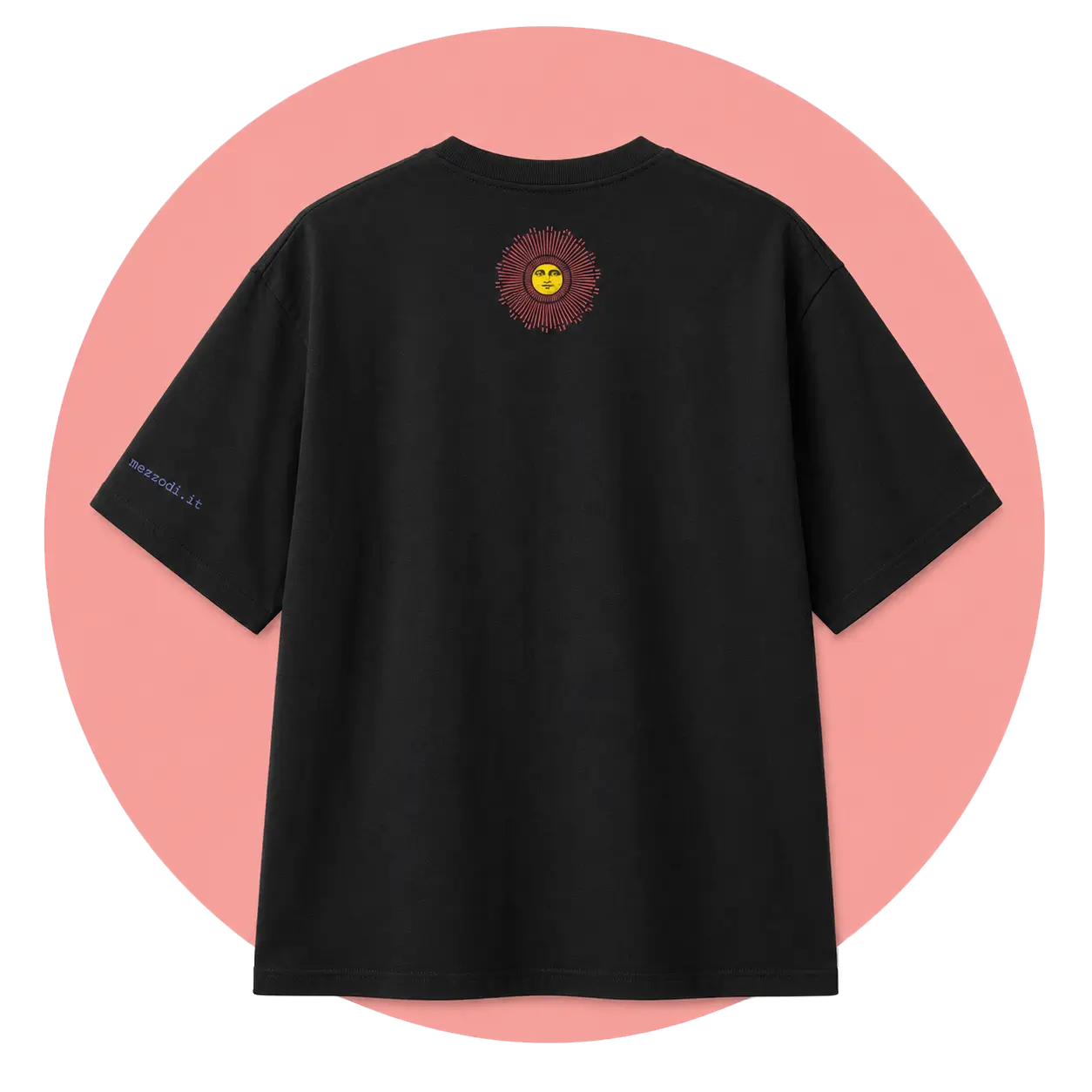 Maglietta MEZZODì nera, uomo, sole rosso, stampa retro